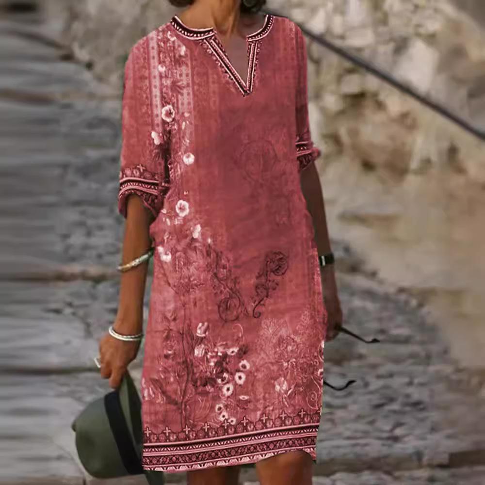 Women's Spring and Summer Famous Style Printed Casual V-Neck Dress