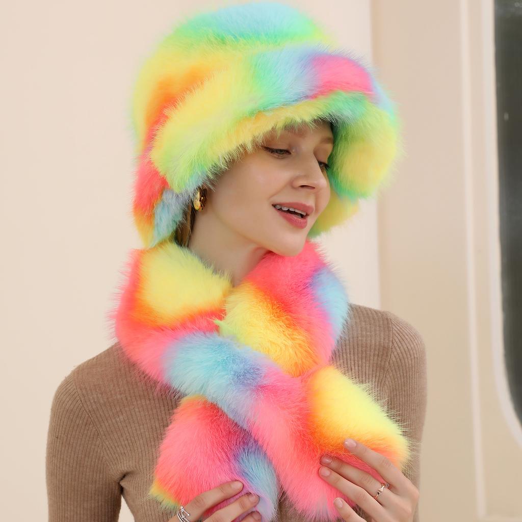Fashion Thick Winter Warm Custom Dyed Long Faux Fur Hat Scarf for Women Bucket Hat and Scarf Set for Lady