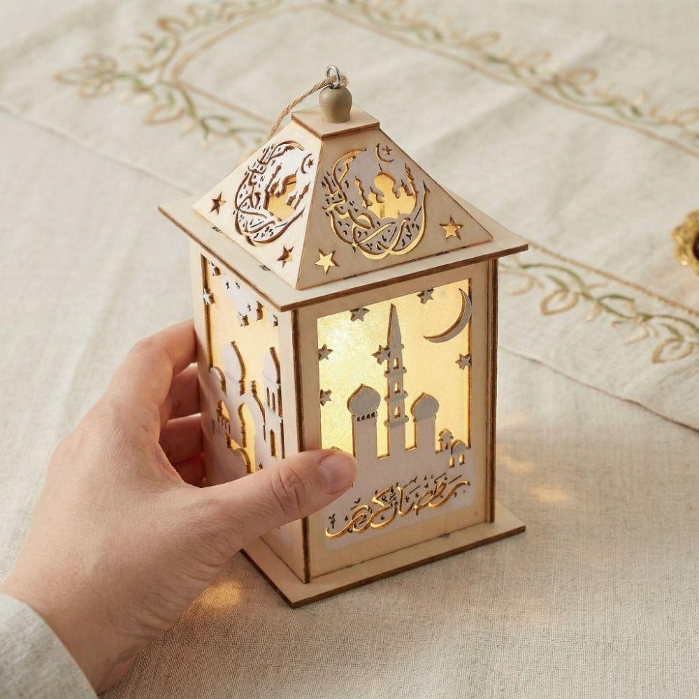 Wooden Ramadan LED Lantern Hollow Moon LED Lamp Portable Moroccan Wind Lantern  Ramadan Celebration