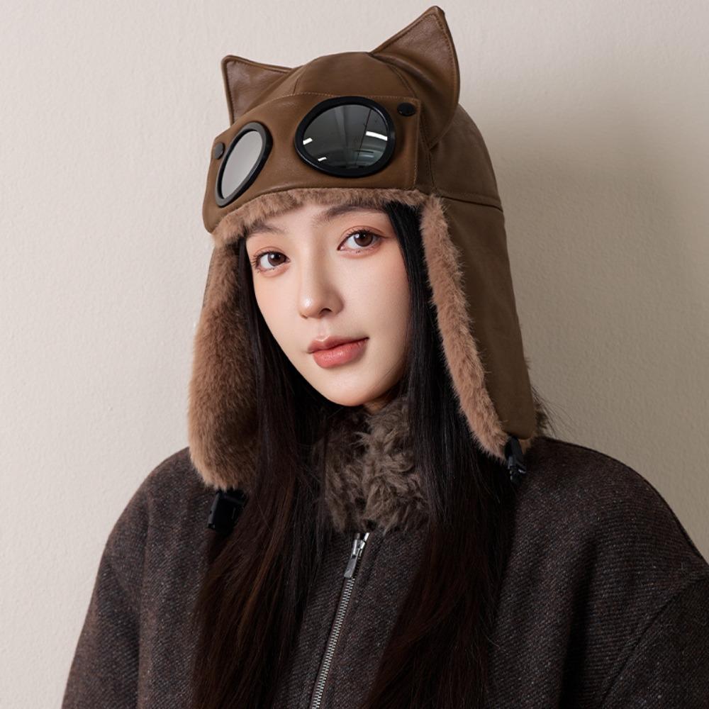 Plush Warm Ski Hat Windproof Cycling Lei Feng Hat Winter Pilot Hat With Goggles Outdoor