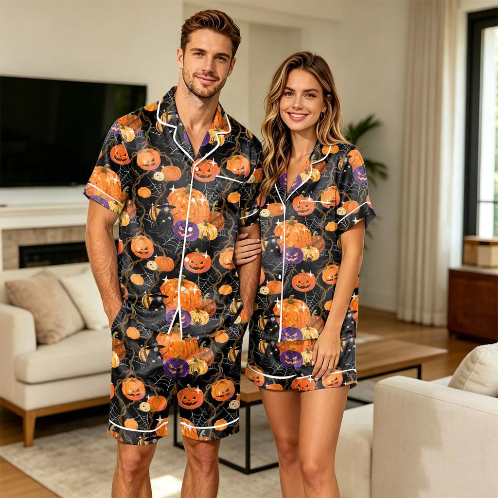 Women's Halloween Print Short Sleeve T-Shirt with Pocket and Shorts Pajama Set for Couples