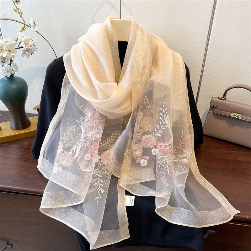 Elegant Long Embroidered Silk Feeling Scarf Women'S Fashion Spring New Style Shawl Wrap Outerwear Trendy Floral Pattern Stylish