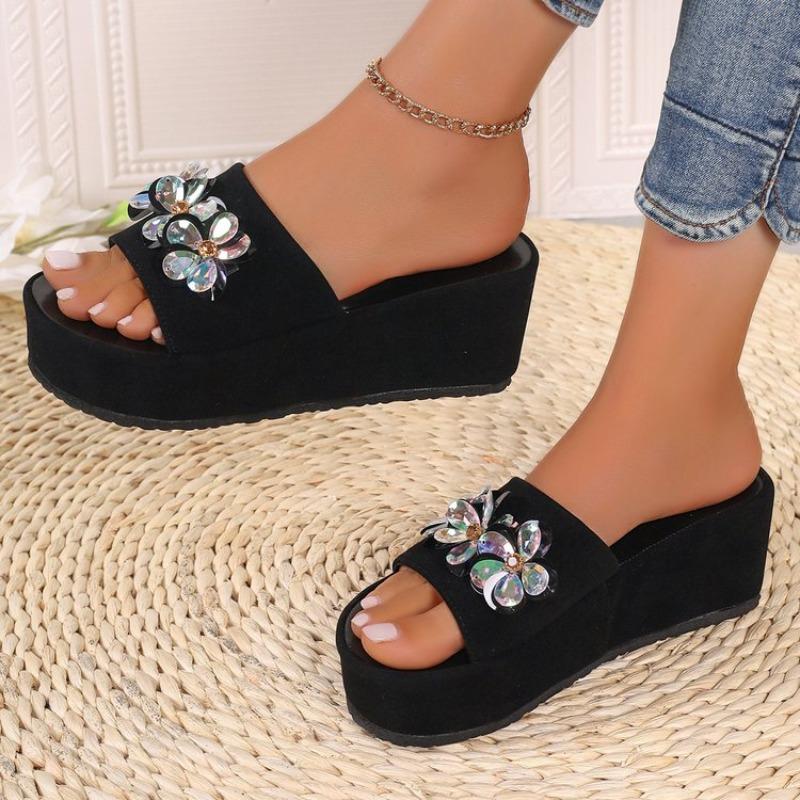 Fashion Summer Women Wedge Slide Beach Slipper Thick Heel Ladies Sandals Crystal Decorate No Slip Platform Slippers Plus Size 35-43