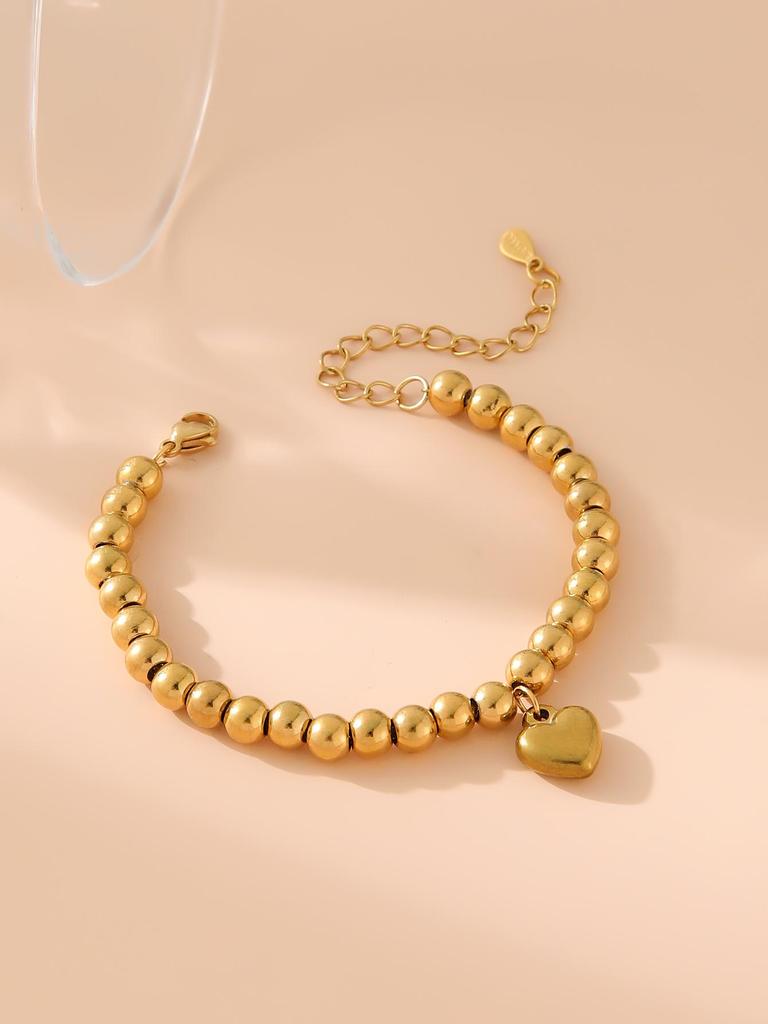 Stainless Steel Heart & Round Bead Gold Bangle Bracelet for Women