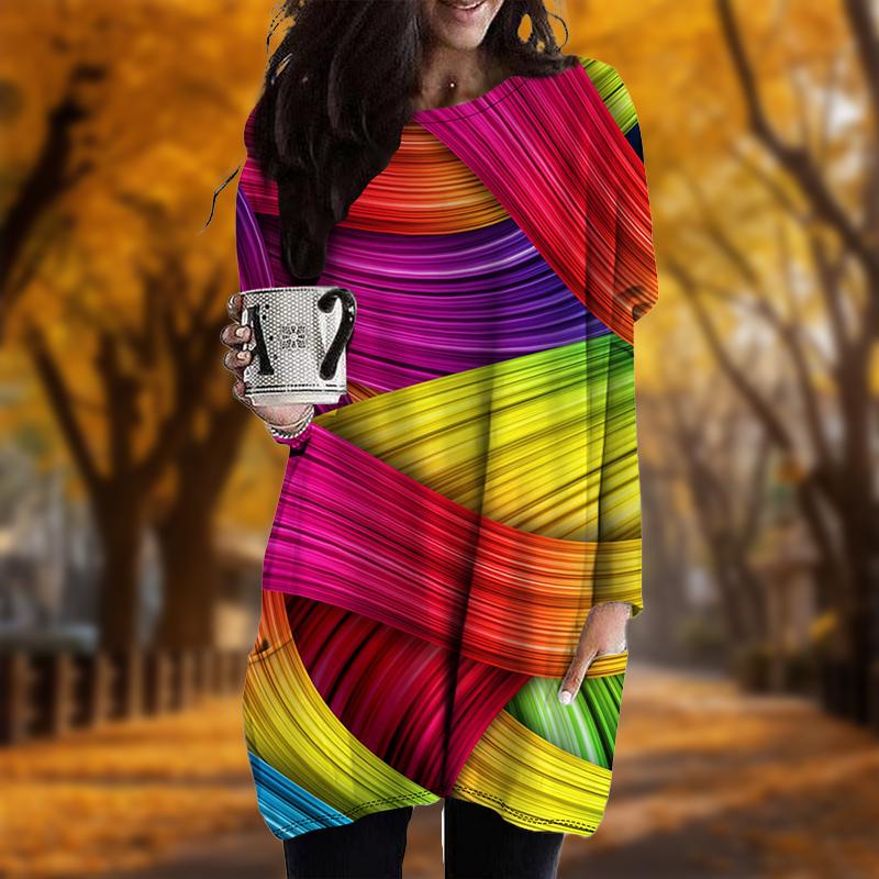 Neu Im Herbst Regenbogen Print Plus Größe Kleid Frauen Oansatz Lange Ärmeln Casual Tasche