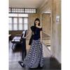 Fashion Suit Asymmetrical off-Shoulder Short-Sleeved T-shirt Women's Summer Gingham Skirt A- Line Skirt Idle Style Two-piece Set