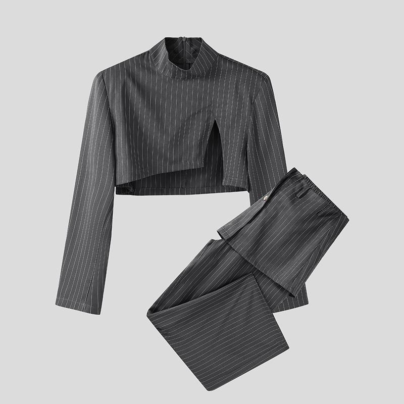 

INCERUN Men Two Pieces Stand Neck Striped Long Sleeve Crop Tops Zip-Up High Waist Long Pants Sets 3XL серый