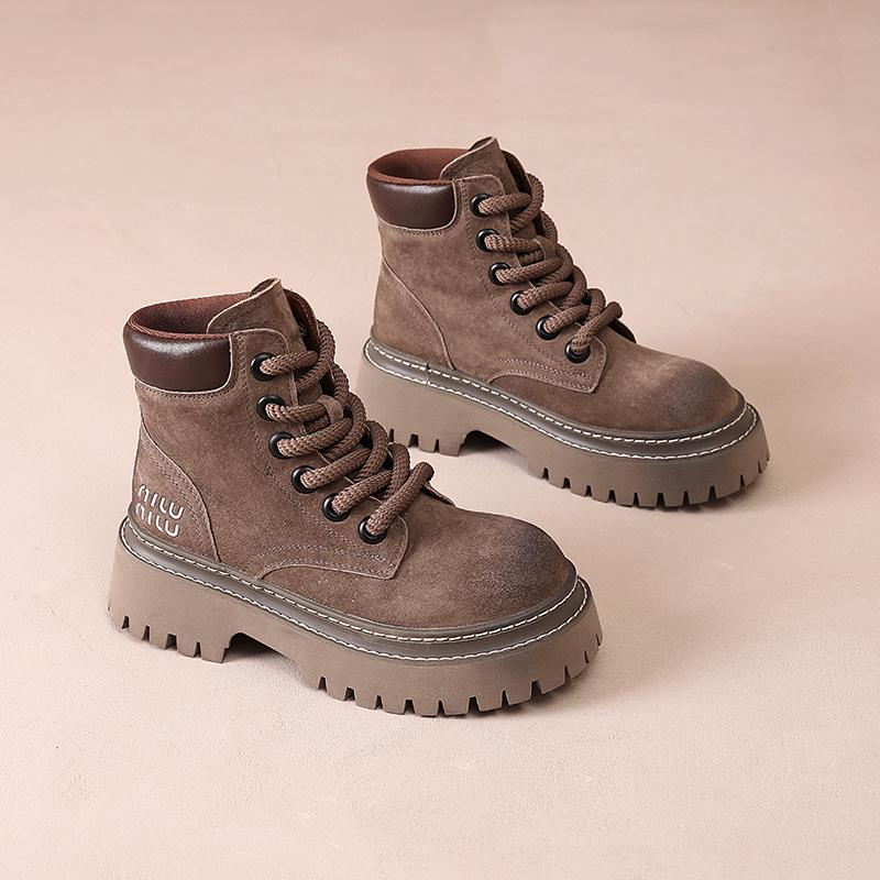 First layer pigskin Martin boots women's 2025 thick-soled heightening outdoor rhubarb boots versatile retro British style tooling short boots