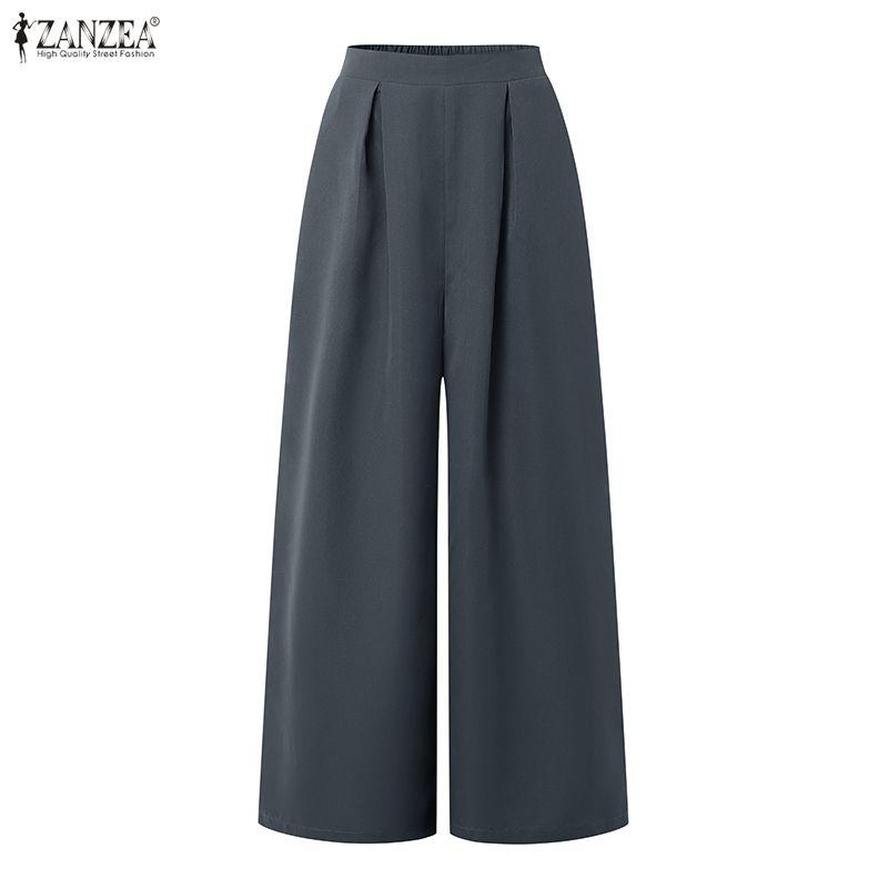 ZANZEA Pantaloni lunghi larghi larghi in vita elastica casual da donna