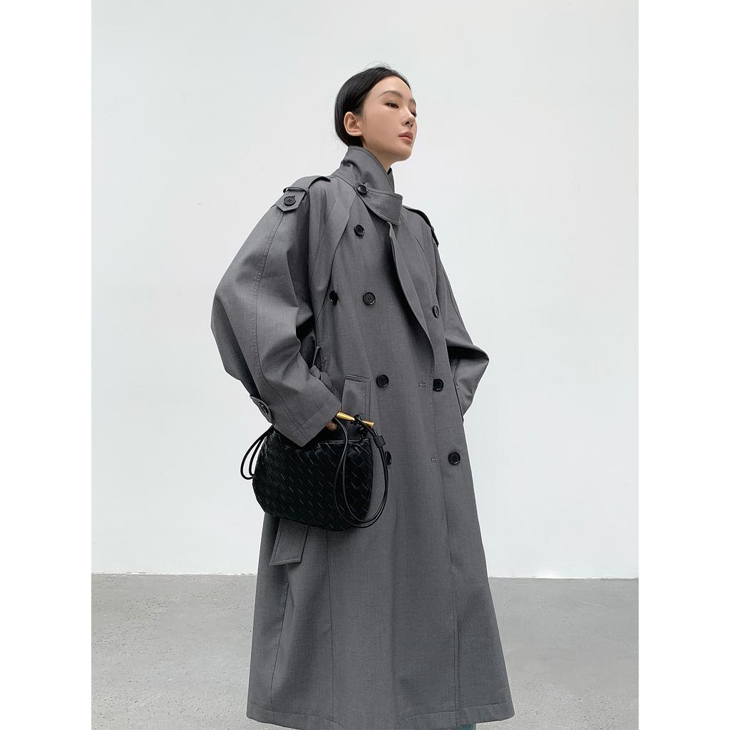 Vår Höst Oversized Khaki Lång Grå Trenchcoat för Kvinnor Dubbelknäppt Lös Casual Koreansk Mode Överrock