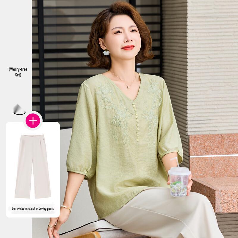 Summer V-Neck Embroidered Top and Wide-Leg Pants Set XL зелёный