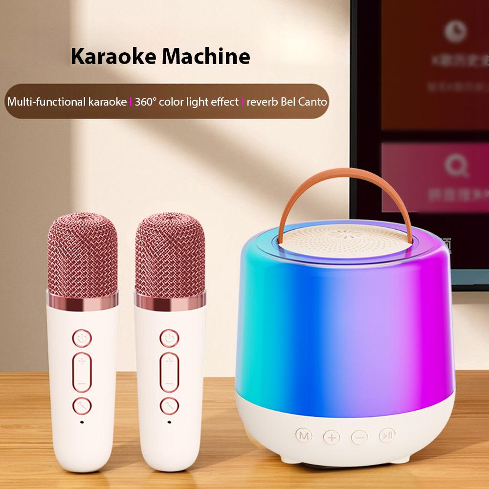 Karaokemaskin Mini trådløs mikrofon og høyttalersett med 2 mikrofoner Home KTV Sett LED farge