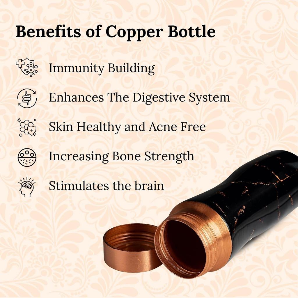 Pure Copper Water Bottle (1 Litre), Leakproof, Pure Copper Water Bottle, Tamba, Health Benefits, Authentic, Durable (Black Marble)