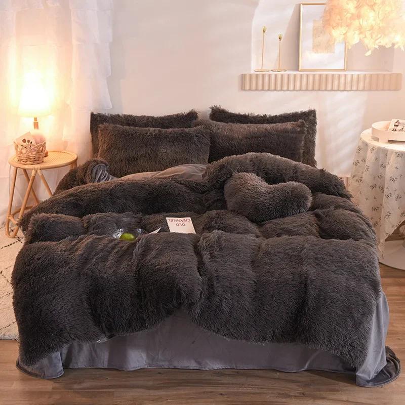 3/4PCS Winter Warm Plush Duvet Cover Pink Mink Velve+fluffy Flannel Quilt Cover Queen King Size Luxury Double Bed Bedding Set
