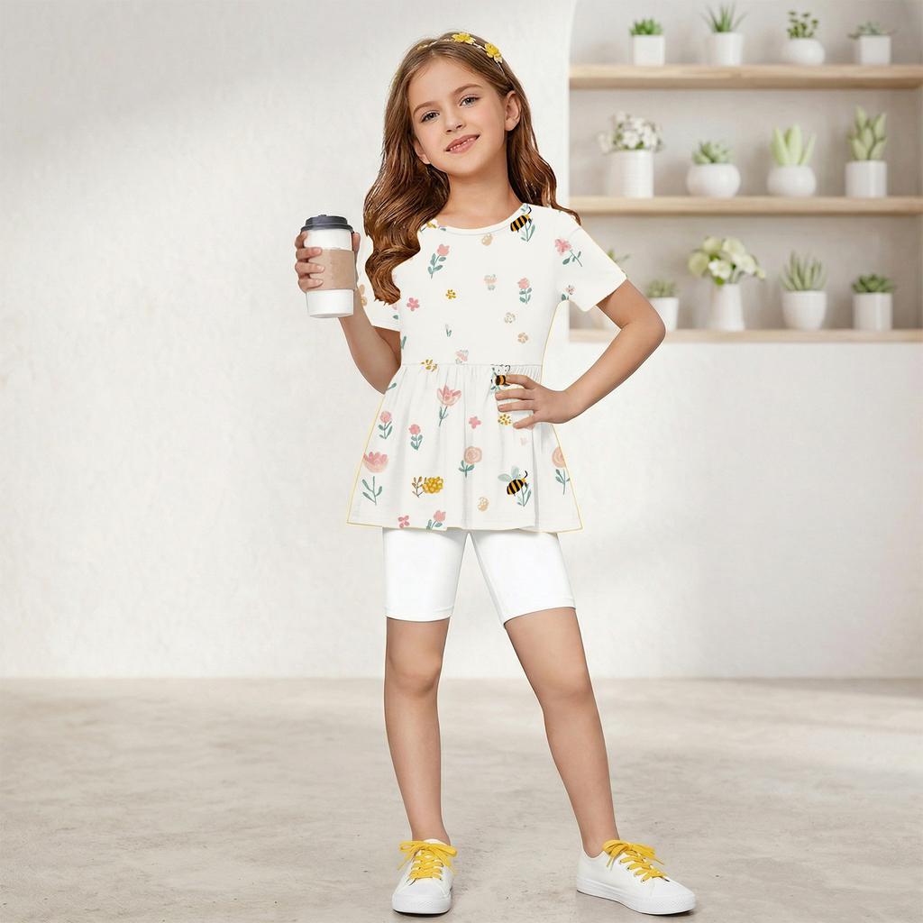 Girls Summer Outfit Short Sleeve Ruffle Hem Top and Shorts Set Lightweight Breathable Two Piece Toddler Clothing