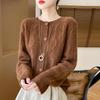 Women's Thick Wool Knit Cardigan - Solid Color, Crochet Hollow Design, Round Neck for Autumn and Winter