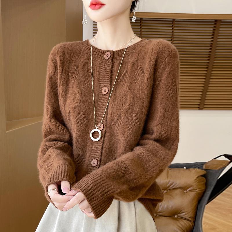 Women's Thick Wool Knit Cardigan - Solid Color, Crochet Hollow Design, Round Neck for Autumn and Winter