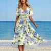 Moda Feminina de Verão Vestido Evasê Decote V Manga Curta Vestidos Florais