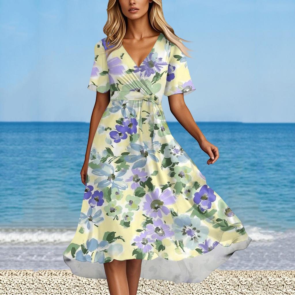Moda Feminina de Verão Vestido Evasê Decote V Manga Curta Vestidos Florais
