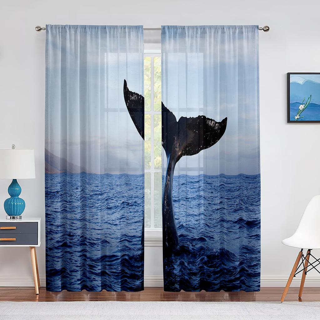 Watercolor Whale Underwater Animal Psychedelic Sheer Window Curtains for Living Room Bedroom Home Decor Chiffon Tulle Curtain