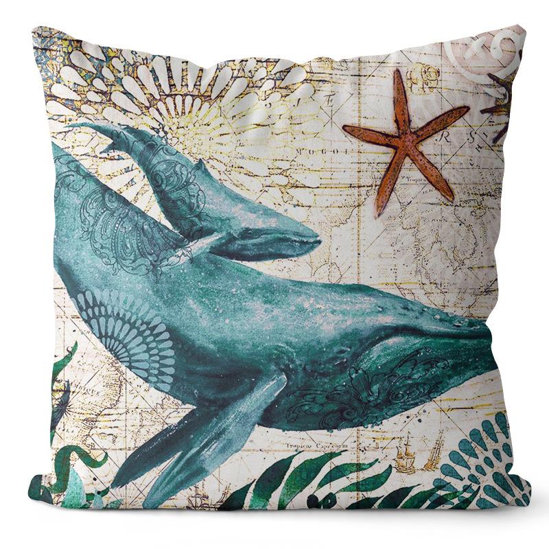 Marine Creatures Sea Horse Turtle Whale Octopus Linen Cushion Cover Pillow Cover
