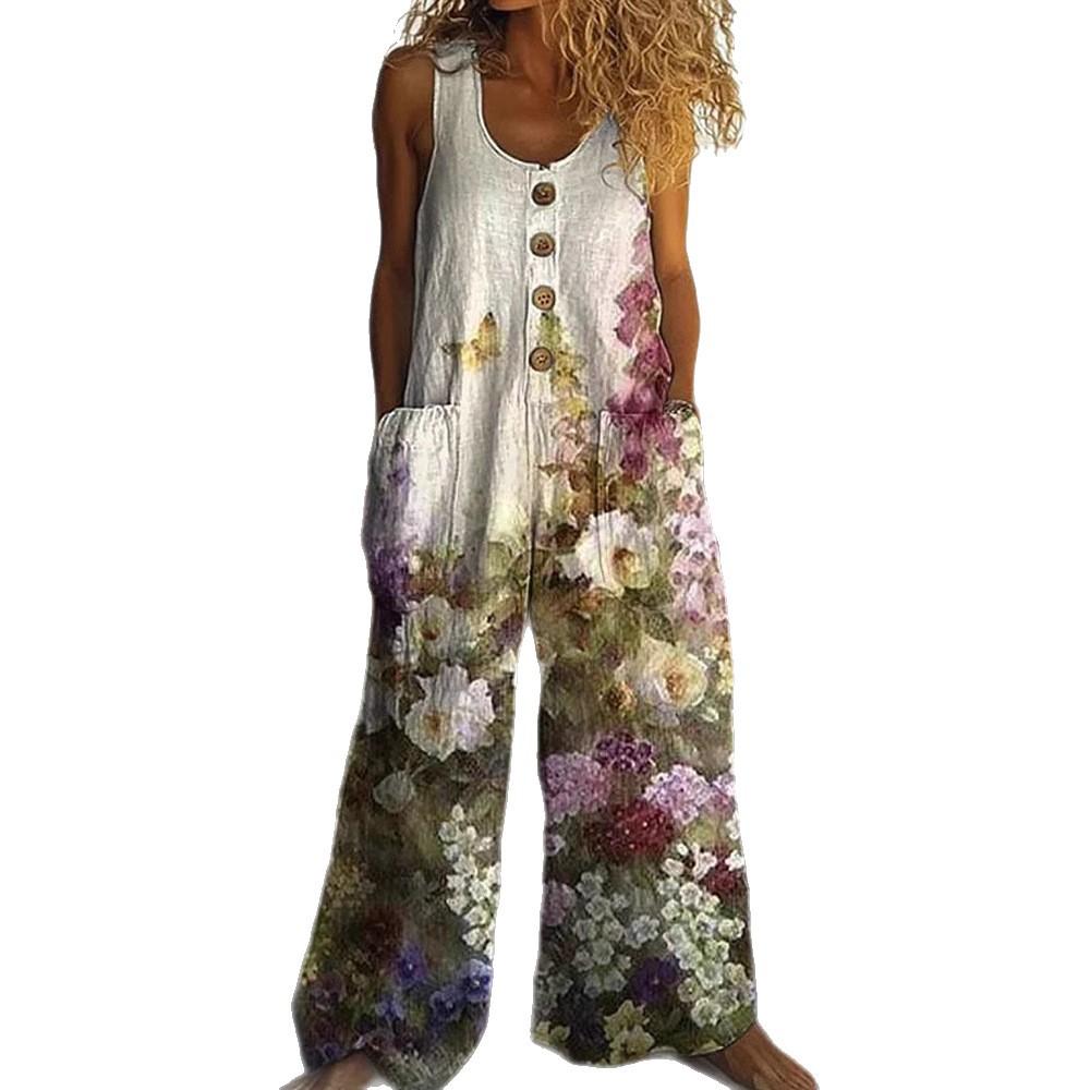 Damen Ärmelloser Jumpsuit mit Blumenmuster, Knopfleiste vorne und Seitentaschen