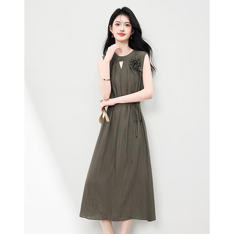 Korean Style Minimalist and High-end Solid Color Dress with Loose Small Stand Up Collar and Sleeveless Long Skirt