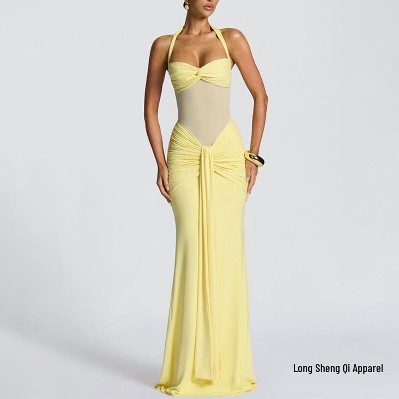 Mesh Patchwork Lace-Up Long Dress