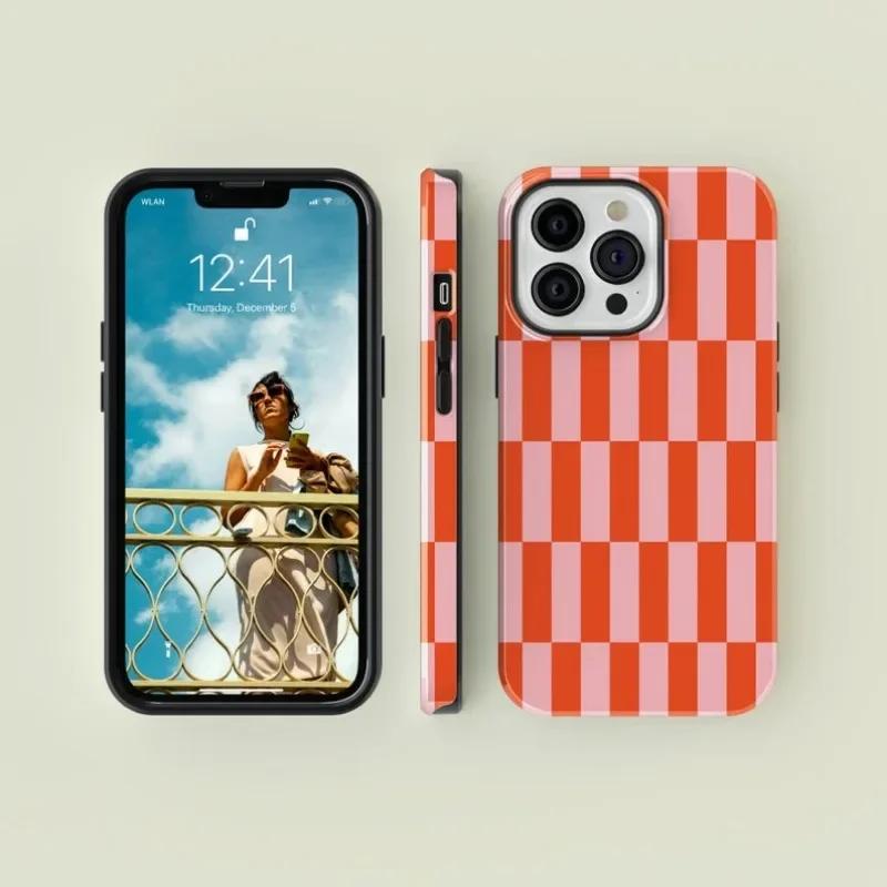 Clmj Checkered Orange Pink Phone Case for iPhone 16 15 14 13 12 11 Pro Max Plus Magnetic Double-layer Back Cover