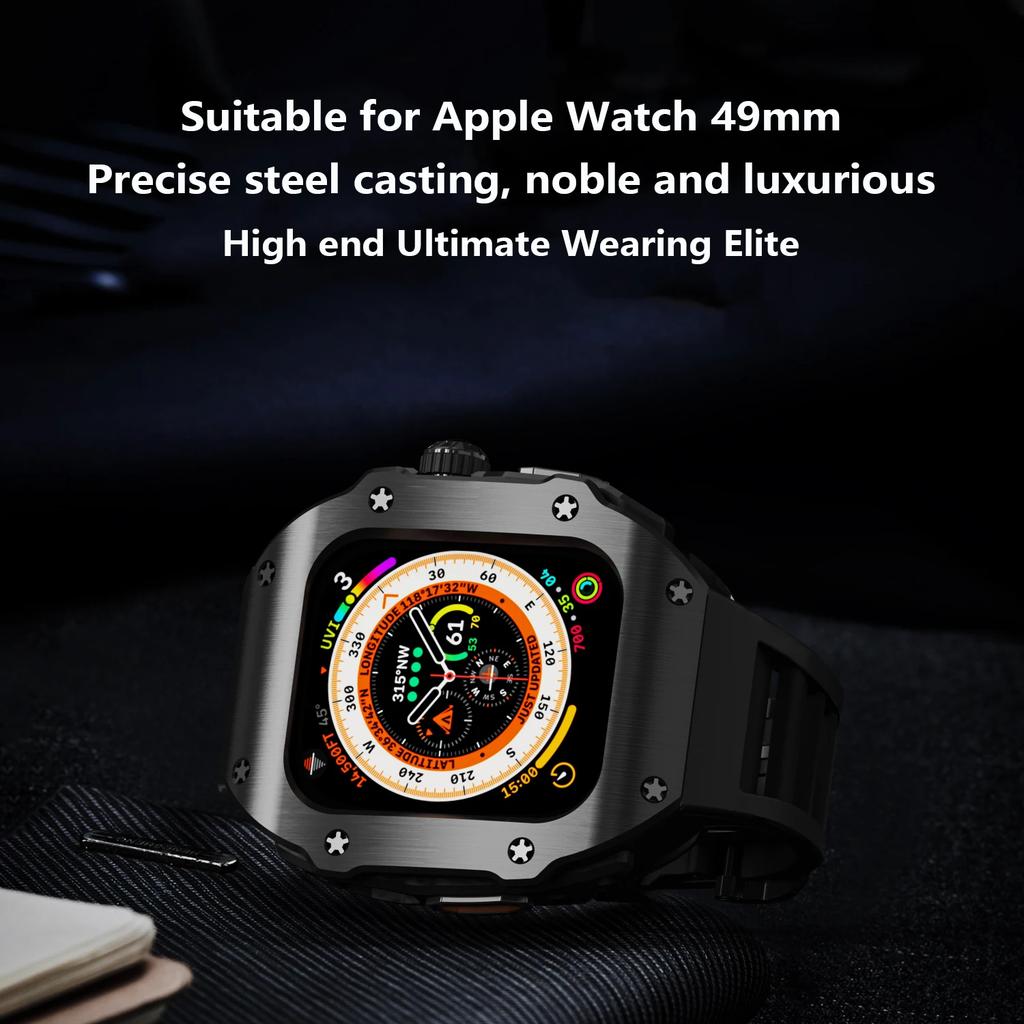 Stainless Steel Modification Kit For Apple Watch 8 Ultra 49mm 7 6 5 4 SE 44MM 45MM Case Sport ONLY Band iWatch Rubber Refit Mod