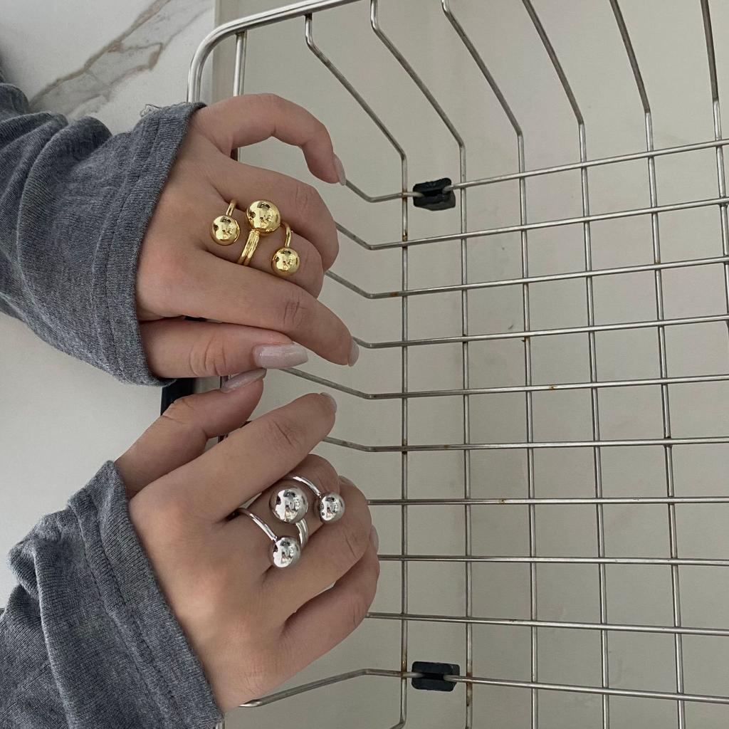 LATS Exaggeration Punk Metal Personality Irregular Three-layer Design Ball-Shape Open Ring for Women Fashion Simple Jewelry Gift