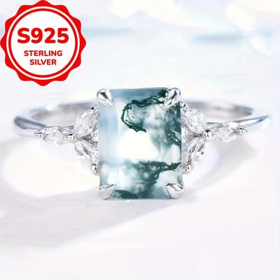 925 Sterlingsilber Böhmischer Natürlicher Grüner Moosachat Ring für Damen Hochzeit Verlobung Schmuck Geschenk