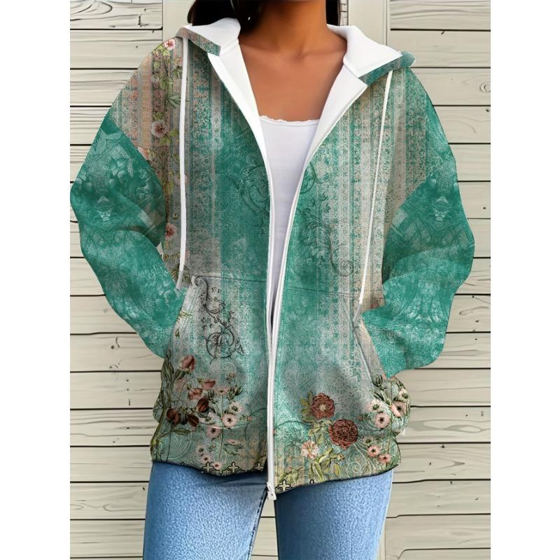 Women s Plus Size Flower Print Hooded Jacket with Pockets S
