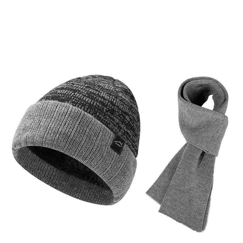 Winter Windproof Warm Knitted Hat Two-Piece Set Velvet Thick Pullover Cap Two-Color Striped Hat Scarf Set