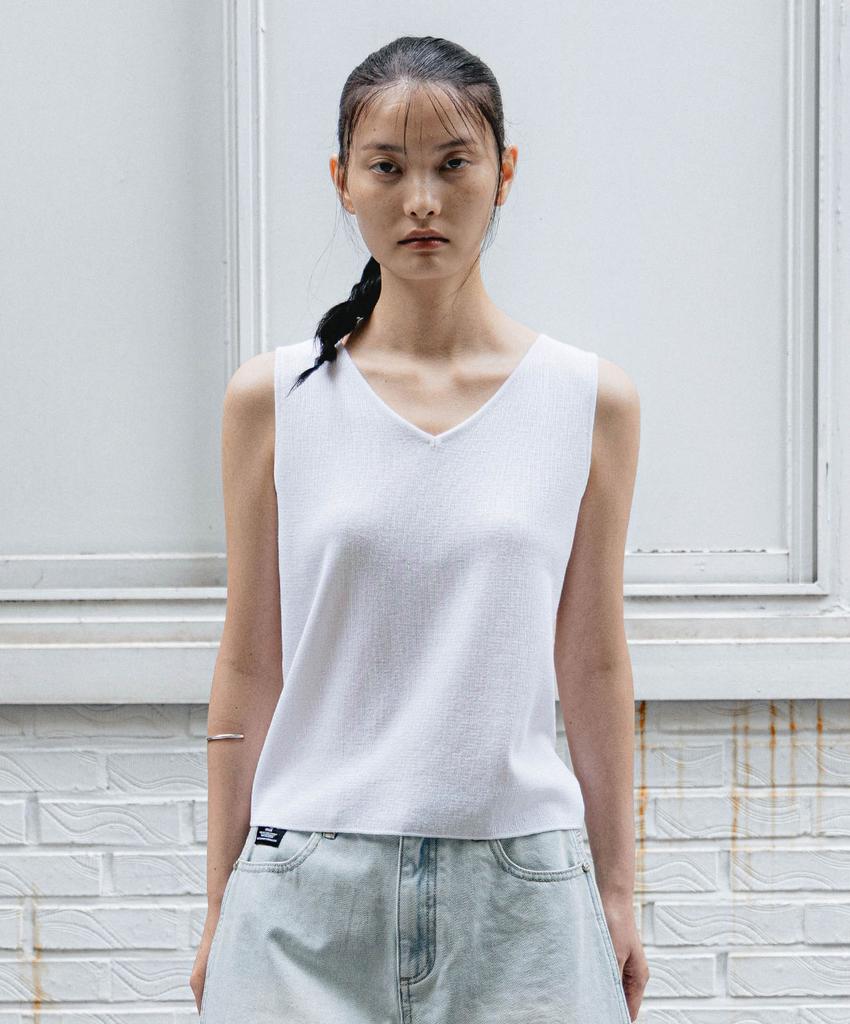 EMKM Linen V-Neck Knit Top_White