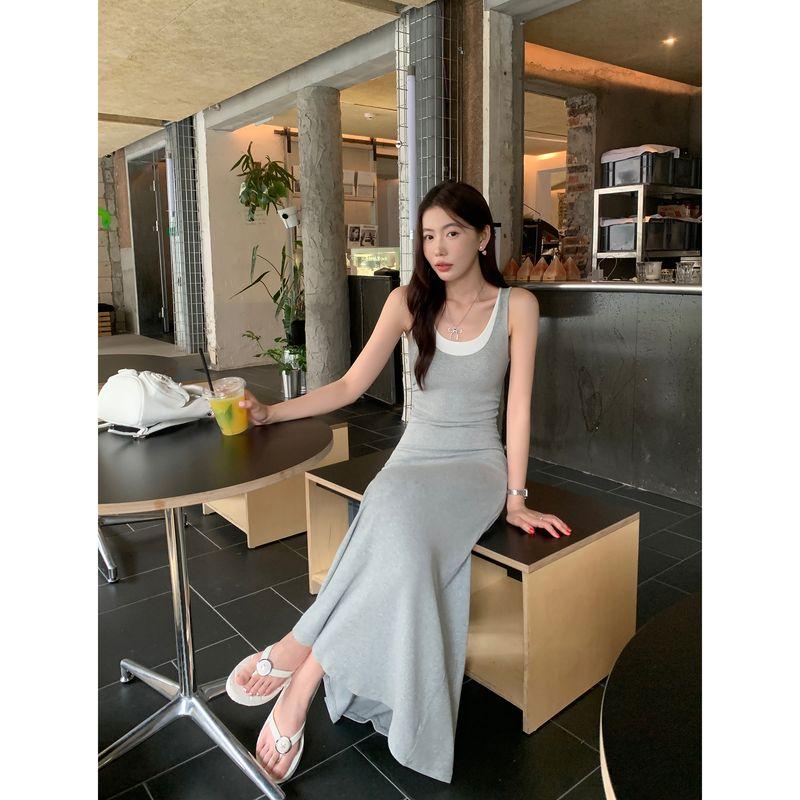 

Pusumede Stylish Niche Style Suspender Skirt Fake Two-Piece Light flower gray spell White M