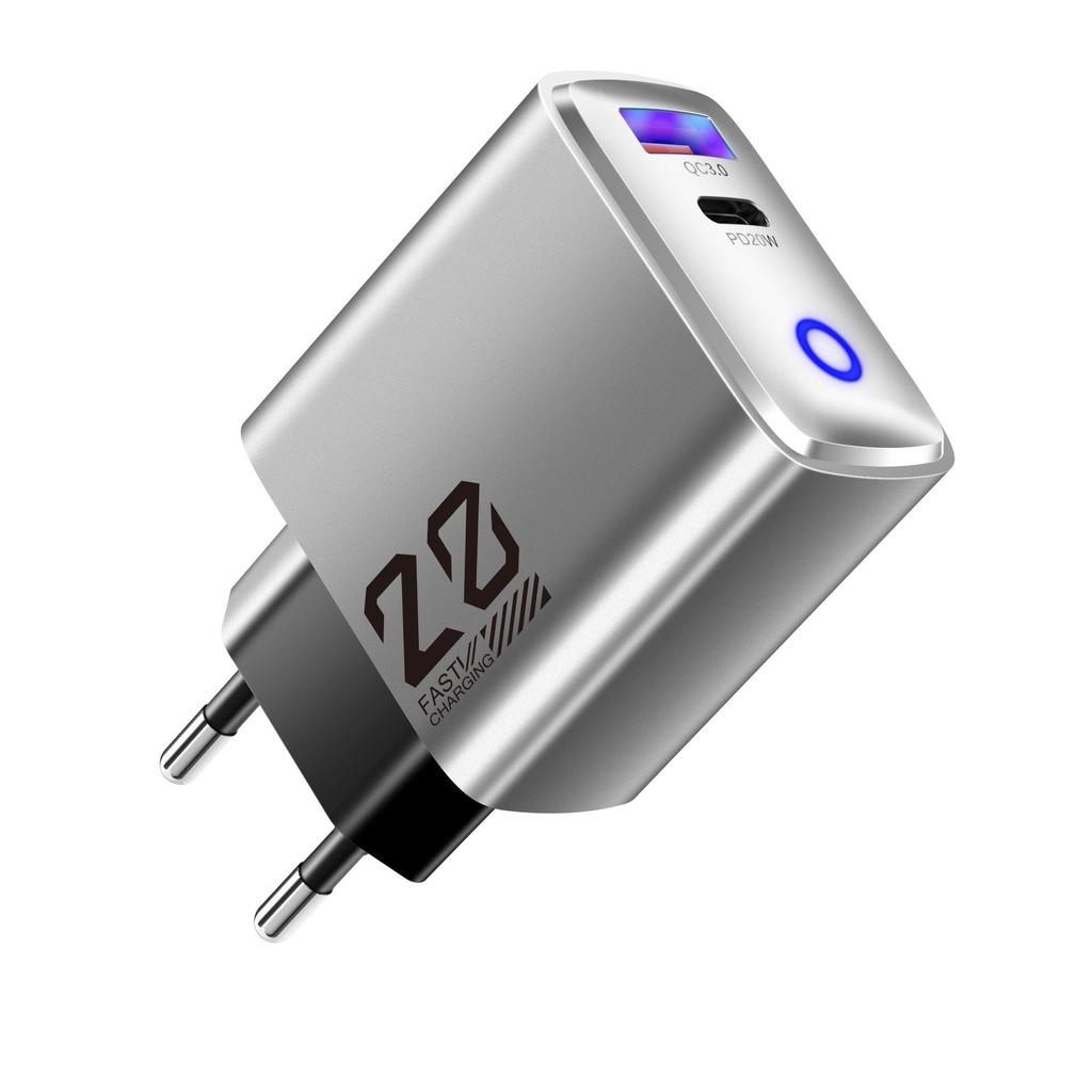 Metallic 20W Type-C Charger with Mini USB+PD Fast Charging Head, European Standard