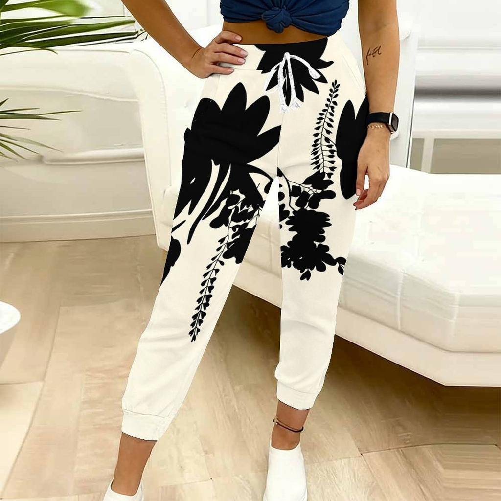 Summer Ladies Butterfly Floral Print Printed Sweatpants Loose Fit Drawstring Joggers Elastic Cuff Daily Casual Pants
