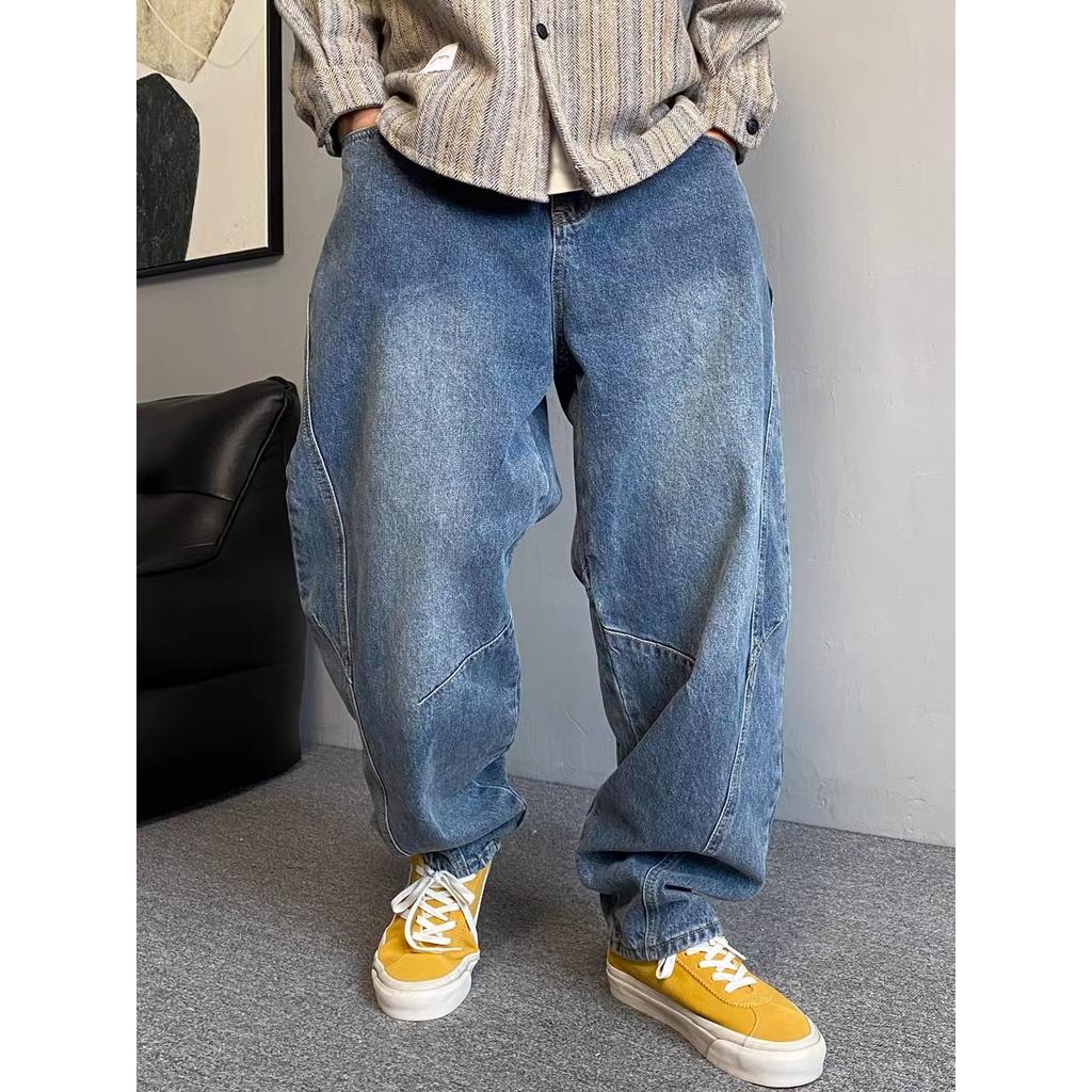 Męskie jeansy oversize vintage casual luźne proste zwężane spodnie dżinsowe mocno sprane szerokie nogawki grube jeansy plus size