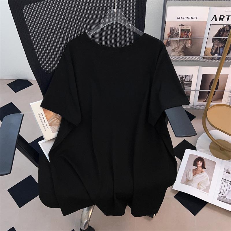 Women's Plus Size Mid-Length Loose Short-Sleeve Slimming T-Shirt (Sizes 200-350 Jin)
