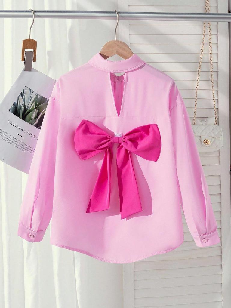 Modisches Langarm-Freizeithemd für Mädchen mit Schleife am Rücken und Cut-Out-Kragen