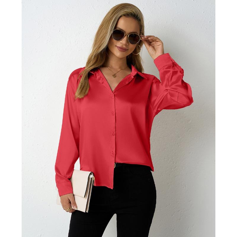 Women's Satin Shirt Simple V-neck Button Blouse Loose Long Sleeved Blouses & Shirts
