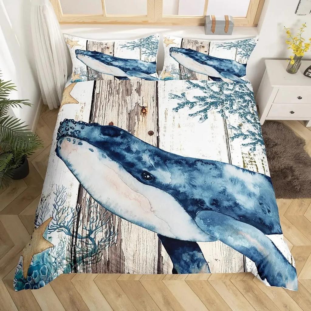 Whale Koi Duvet Cover Set Full Queen SizeSunset Great Sea Wave Bedding SetAnimal Ocean Landscape Japanese Art Comforter Cover
