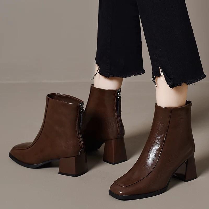 Autumn Brown Women's Short Boots Winter Plush Black Boots for Women Elegant Square Toe Back Zip Botines 35-40 Bottes Femmes