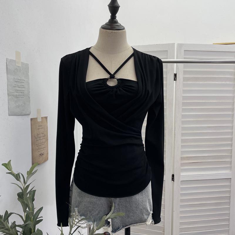

French-Style Halter Neck Pleated Long-Sleeve Layered Top (Women) 2767 One Size чёрный