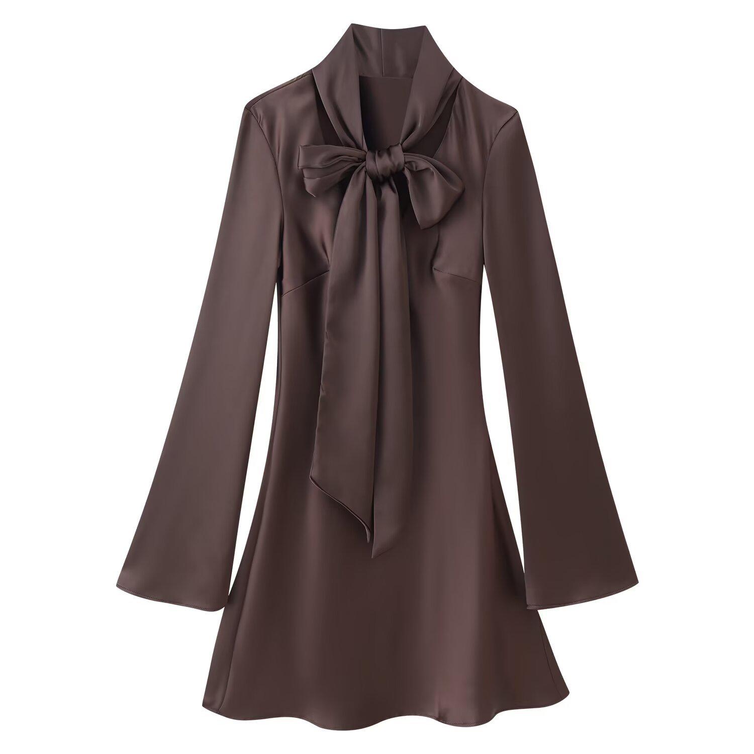 European Style Autumn 2025 Women s Long Sleeve Silk Satin Scarf Dress Medium