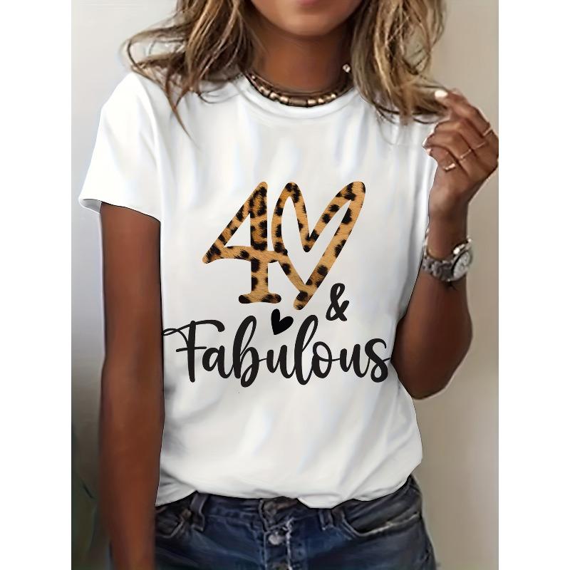 

European Size 40th Birthday Leopard Heart Letter Print T-Shirt for Women- White Short Sleeve Round Neck Casual Top 4XL