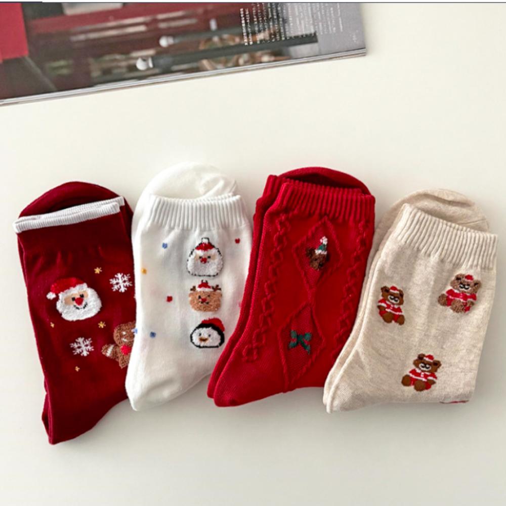4Pairs Korean Christmas Socks Gift Set –  Winter Cozy Women’s Socks – Holiday Cute Gift Box – 3 Color Sets (Red / Beige / Blue Navy)