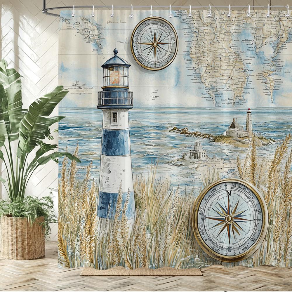 Retro Nautical Anchor Style Printed Fabric Shower Curtain, Ocean Navigation Style Bathroom Curtain Decoration, With Hooks