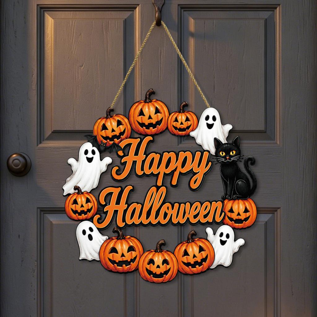 Halloween Decoration Wooden Door Wreath for Front Door Sign Wall Decor Pumpkin Cat Wreath Hanging for Home Outdoor Indoor